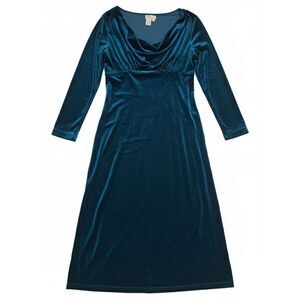Coldwater Creek Teal Velvet Cowl Neck Dress, Long Sleeve Holiday Size 10 Midi